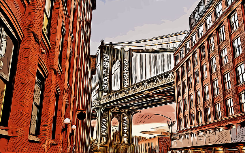 Puente de Manhattan, arte vectorial, Nueva York, dibujo del puente de Manhattan, arte creativo, arte del puente de Manhattan, dibujo vectorial, paisajes urbanos abstractos, dibujo de Nueva York, EE. UU. fondo de pantalla