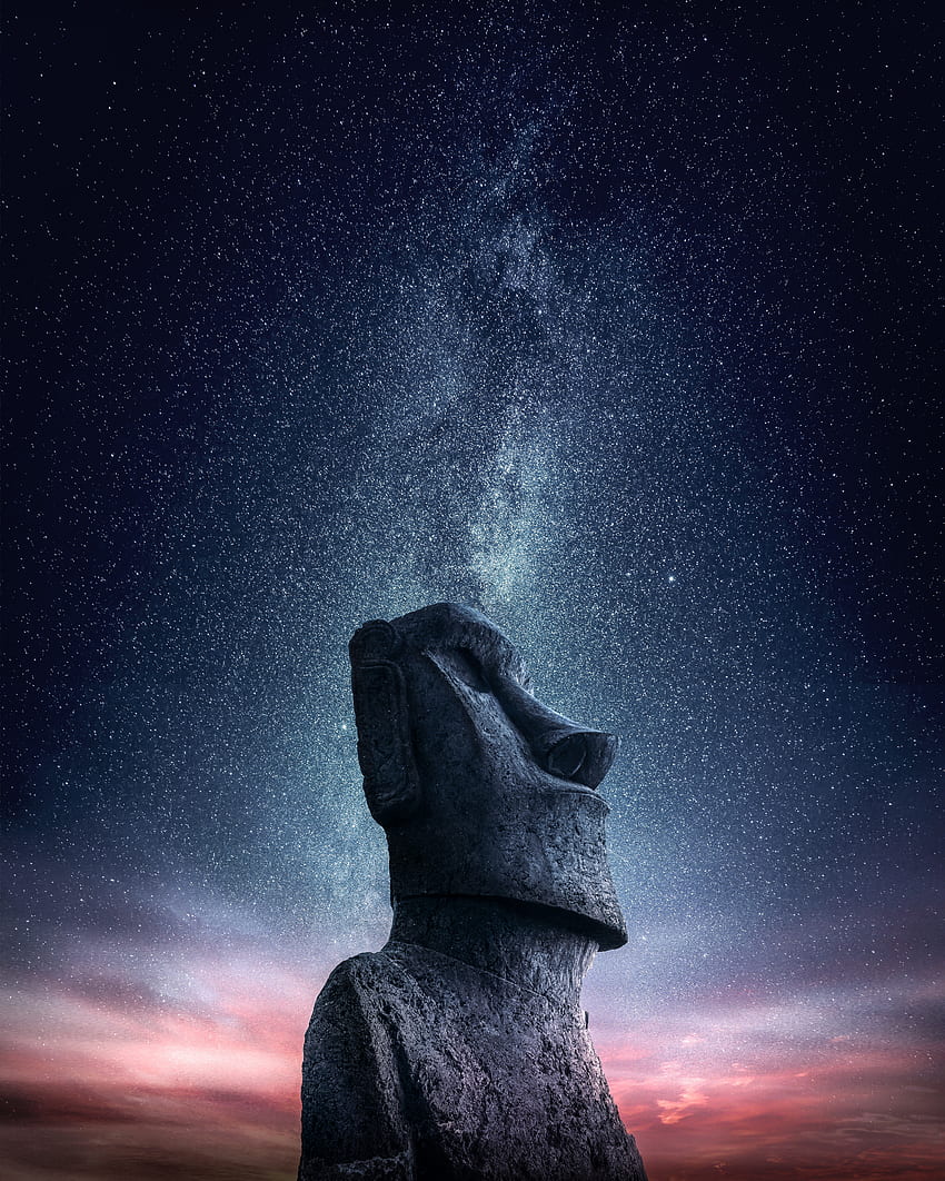 Starry Sky, Statue, Idol, Moai, Easter Strow, Easter Straits HD phone wallpaper