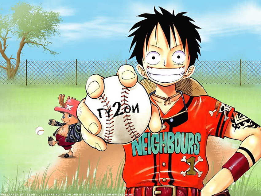 luffy and baseball, luffy, big smile, anime, one piece, ground, chopper, baseball HD wallpaper