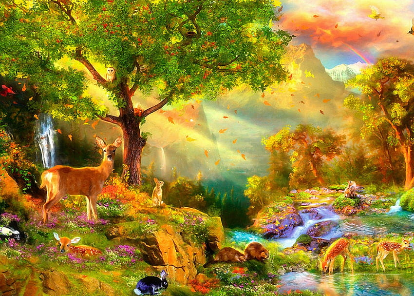 ★Idyllic Wildlife★, dijital sanat, güneş ışını, manzara, ışık ışınları, hayvanlar, ağaçlar, çizimler, sonbahar, kelebek tasarımları, güz mevsimi, tavşanlar, şelaleler, ormanlar, ler, mevsimler, yaratıcı hazır, aşk dört mevsimi, manzaralar, yapraklar, yaban hayatı, geyik, doğa, çiçekler HD duvar kağıdı