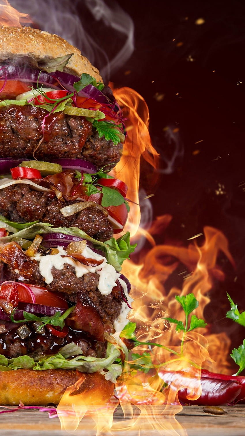 Burger, Smoke, Red Pepper, Fast Food, Meat HD phone wallpaper