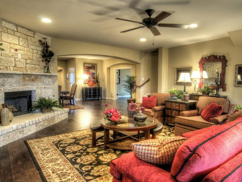 Impressive Living Room, carpet, impressive, room, sofas, lampshades, fireplace, living HD wallpaper