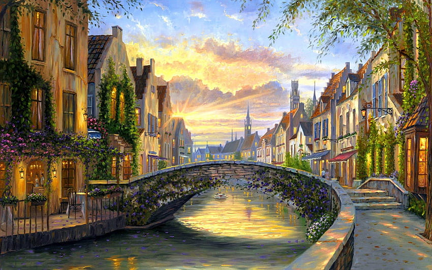 Мост в малък град, гондола, река, лодка, град, италия, къщи, малък, венеция, отражение, , вода, европа, лято, ресторант, кафене, магазин, улица, мост, облаци, небе, цветя, село, поток HD тапет
