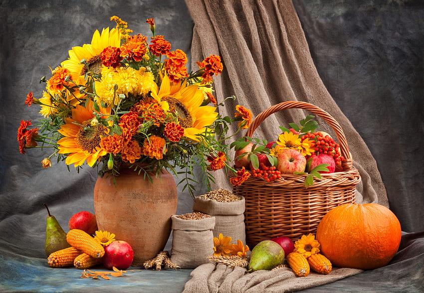 秋のアレンジメント、カラフル、花束、秋、花瓶、果物、アレンジメント、バスケット、静物、カボチャ、秋、花 高画質の壁紙