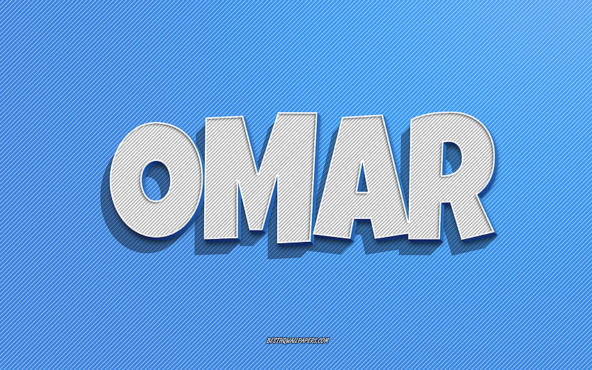 オマール、青い線の背景、名前、オマールの名前、男性の名前、オマールのグリーティング カード、ライン アート、オマールの名前 高画質の壁紙