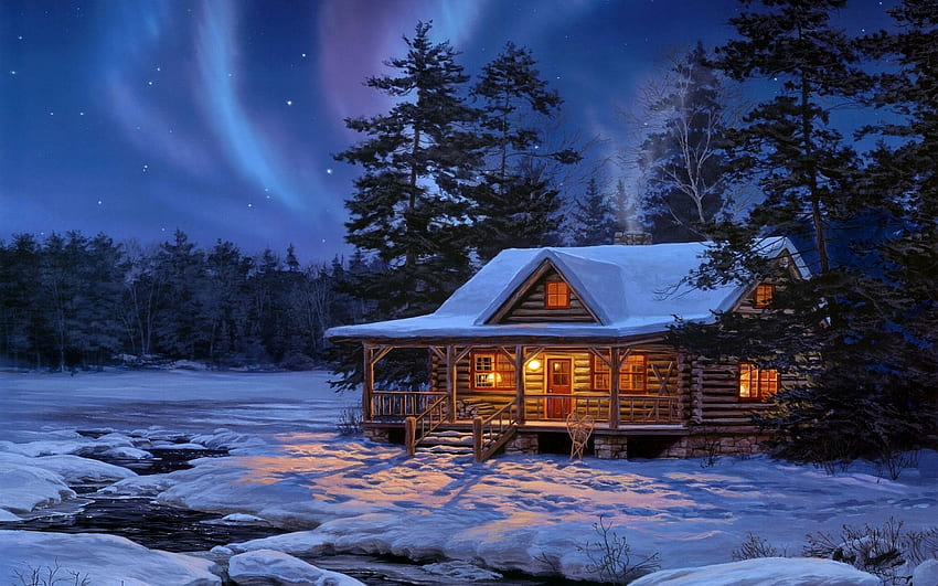 Winter Hut, kış, gece, kar, kulübe, ağaçlar HD duvar kağıdı
