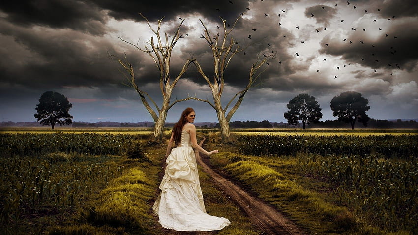 fantastic, Landscape, Road, Girl, Clouds, Nature, Gothic, Redhead, Birds, Mood, Girls, Women / and Mobile Background, Gothic Scenery HD wallpaper