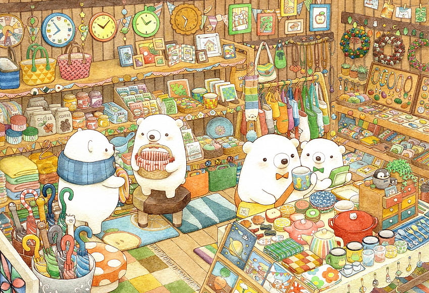 Kuma's Shop, bears, colorful, art, cute, kuma, indoor, orginal, shop, family, pretty HD wallpaper