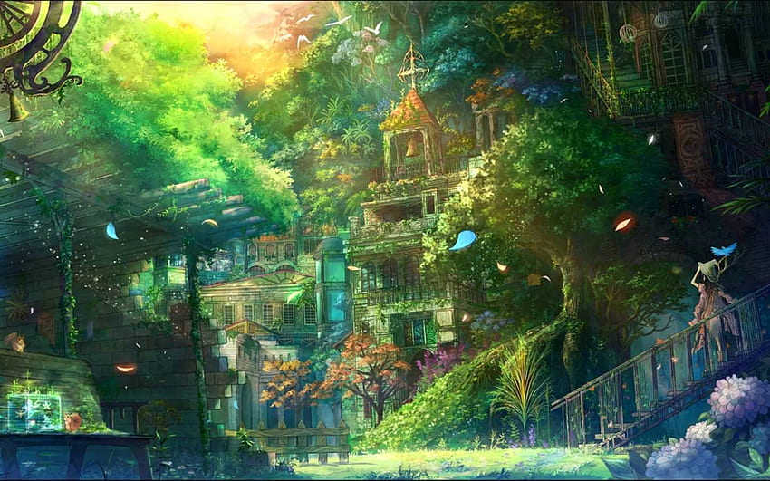 Colorful Anime Village Background HD wallpaper