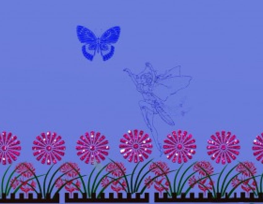 Fairy Garden, niebieski, faerie, ogród, wróżka, różowy, motyl, chmury, kwiaty, niebo Tapeta HD