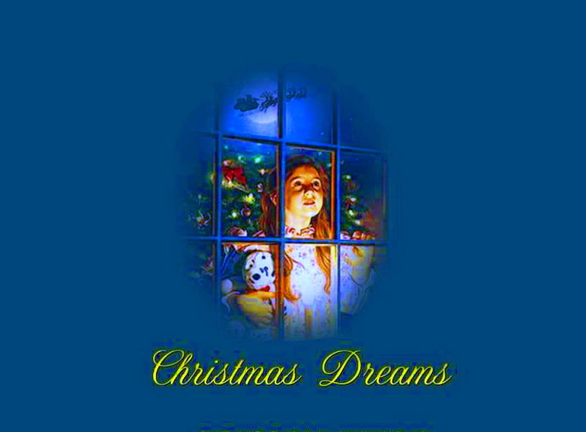 Noel rüyaları, mavi, kızak, ren geyiği, pencere, noel, kız, santa HD duvar kağıdı