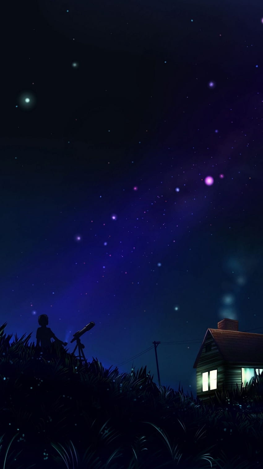 astronomer, silhouette, house, night HD phone wallpaper