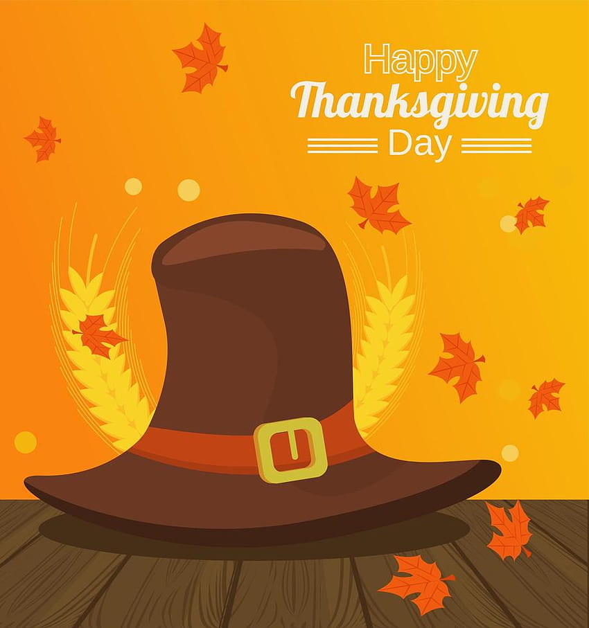 happy thanksgiving day poster with pilgrim hat and spikes in wooden table 2468900 Vector Art at Vecteezy, Cute Thanksgiving Pilgrim HD phone wallpaper