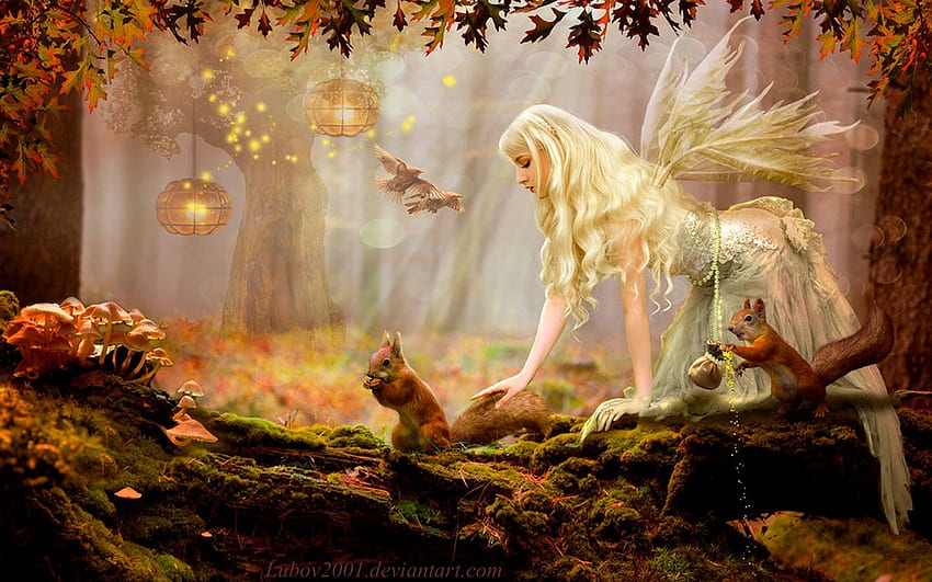 Tales of an Autumn Forest, blondynki, wiewiórki, czarujący, Fantazja, wróżka, magiczny, jesień, światła, las Tapeta HD