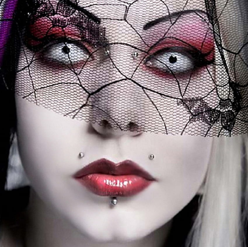 Contracted View, model, eyes, veil, piercing, fantasy, red, face, lips, female HD wallpaper