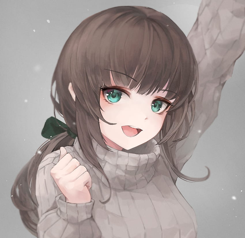 anime girl with curly brown hair and green eyes