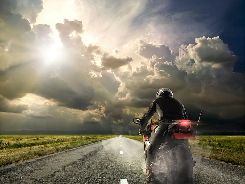 Landscape morcycle, motorcycle, landscape, clouds, road HD wallpaper