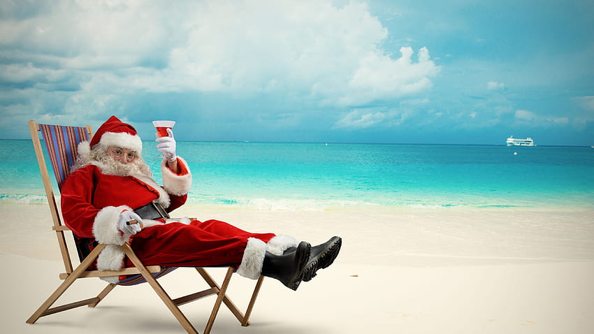 Happy Santa Claus drinking a cocktail, Australian Christmas HD wallpaper