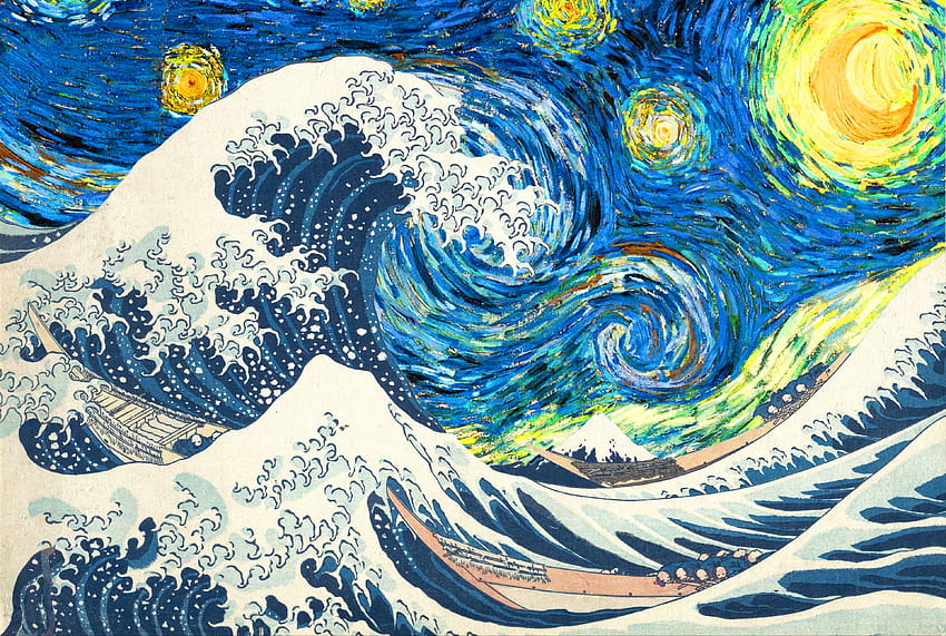 Starry Night와 The Great Wave Off Kanagawa를 결합했습니다. 별이 빛나는 밤, 예술, 반 고흐 예술 HD 월페이퍼