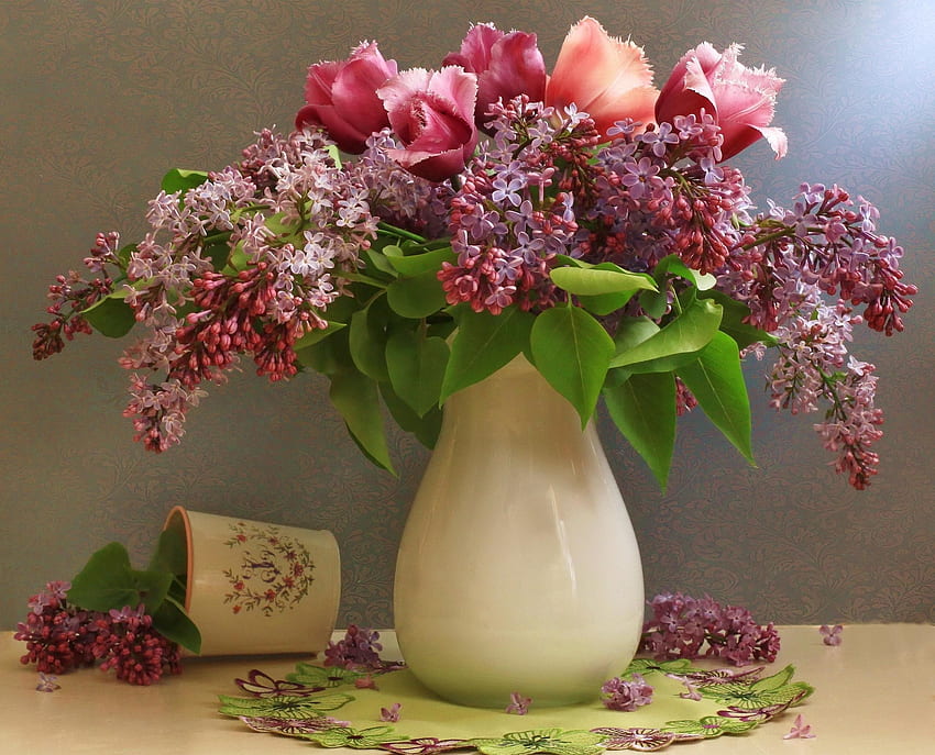 Flowers, Lilac, Tulips, Petals, Bouquet, Vase, Spring, Napkin HD wallpaper