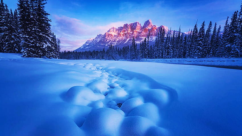Castle Mountain in Winter, Canada, snow, landscape, trees, sky, Alberta, lake, ice HD wallpaper