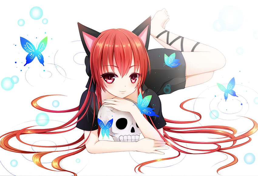 Gadis Anime Neko!, Kupu-kupu, Tengkorak, Rambut merah, Rambut panjang, Anime, Gadis Neko Wallpaper HD
