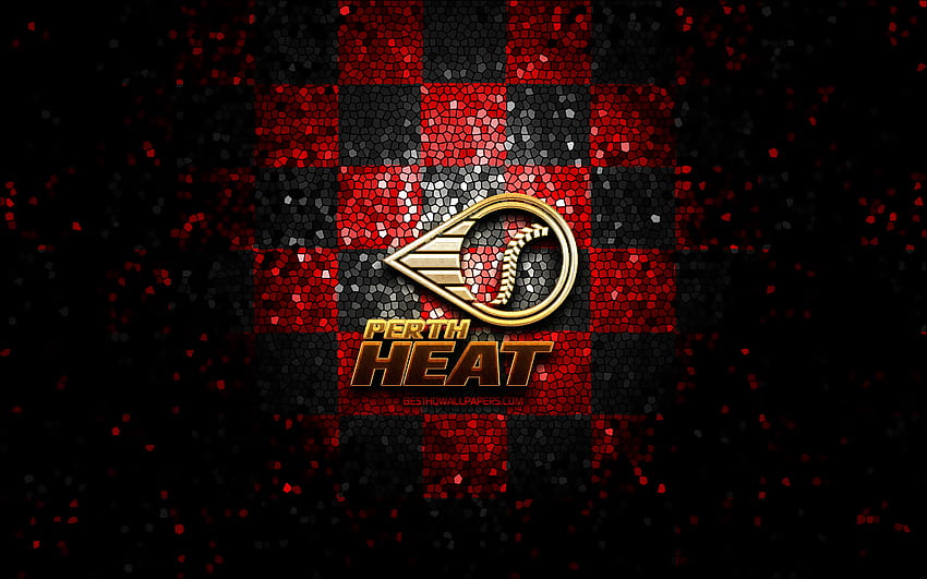 Perth Heat, logo gemerlap, ABL, latar belakang kotak-kotak merah hitam, bisbol, tim bisbol Australia, logo Perth Heat, seni mosaik Wallpaper HD