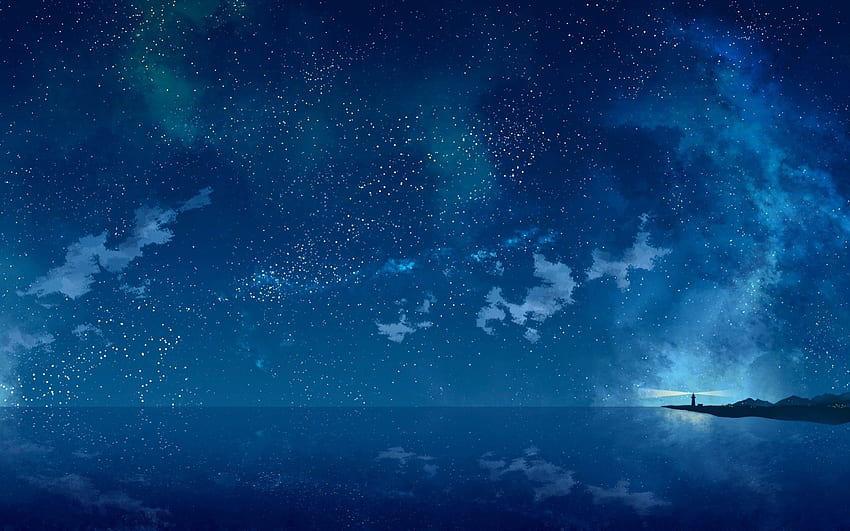 Fantasy Landscape, Blue Sky, Lighthouse, Ocean Night HD wallpaper
