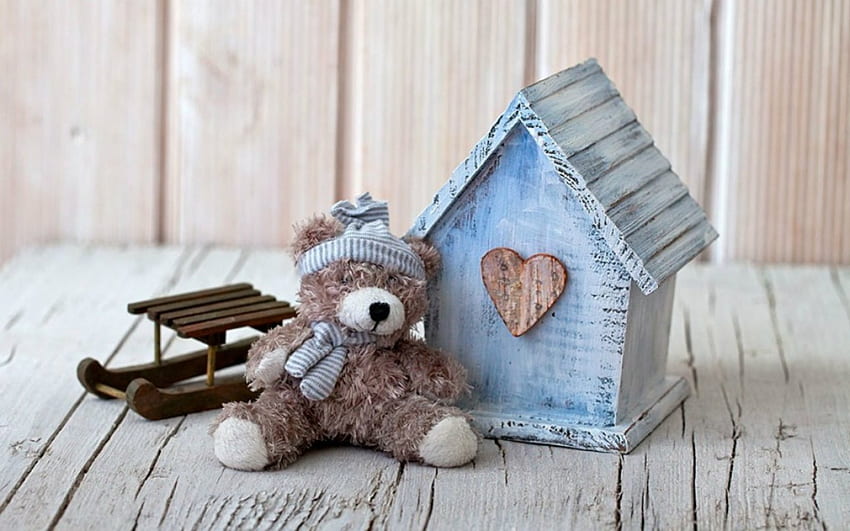 Still Life, wood, bear, bird house HD wallpaper