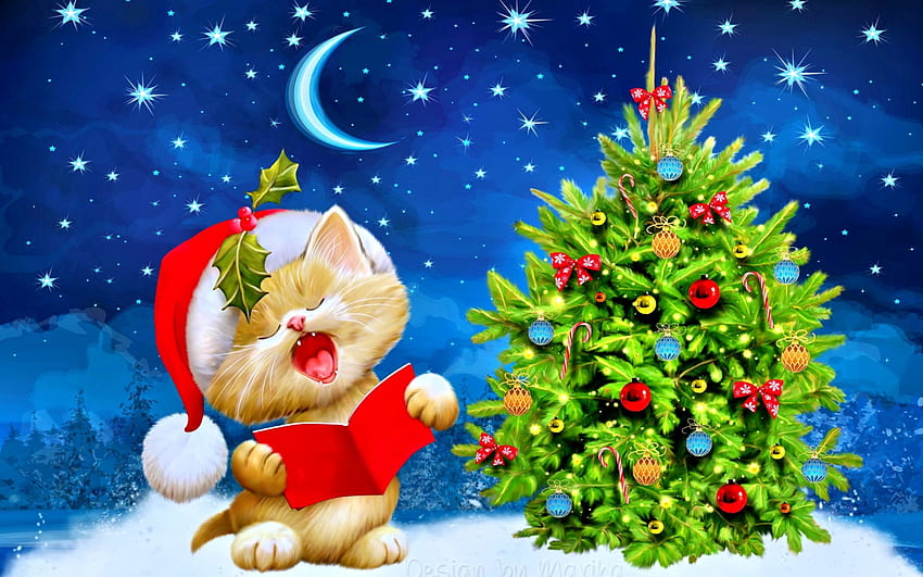 かわいいクリスマス、子猫、季節、休日、月、雪、星、木、キューティー 高画質の壁紙