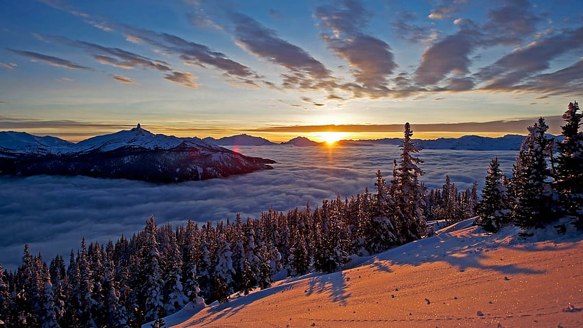 Alba a Whistler, B.C., Canada, inverno, abeti, neve, paesaggio, nuvole, cielo Sfondo HD
