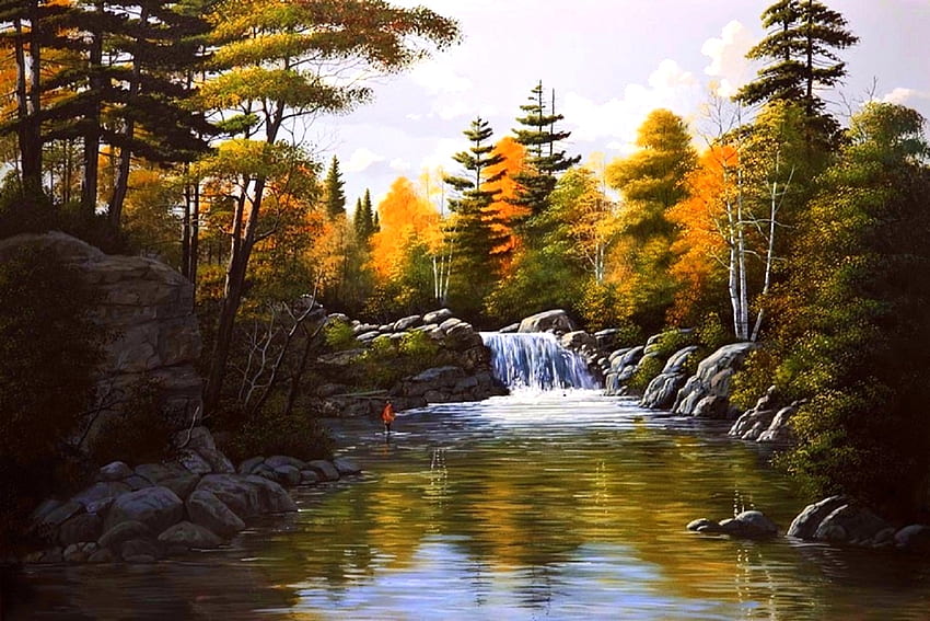秋の滝、釣り、夢の名所、森、絵画、滝、恋の四季、木々、秋、自然、秋の季節 高画質の壁紙