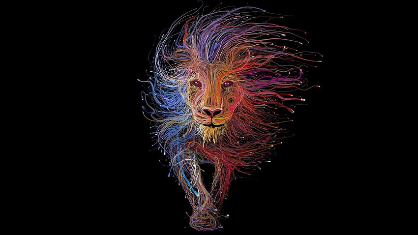 Arte digital, cables, león, colorido. fondo de pantalla