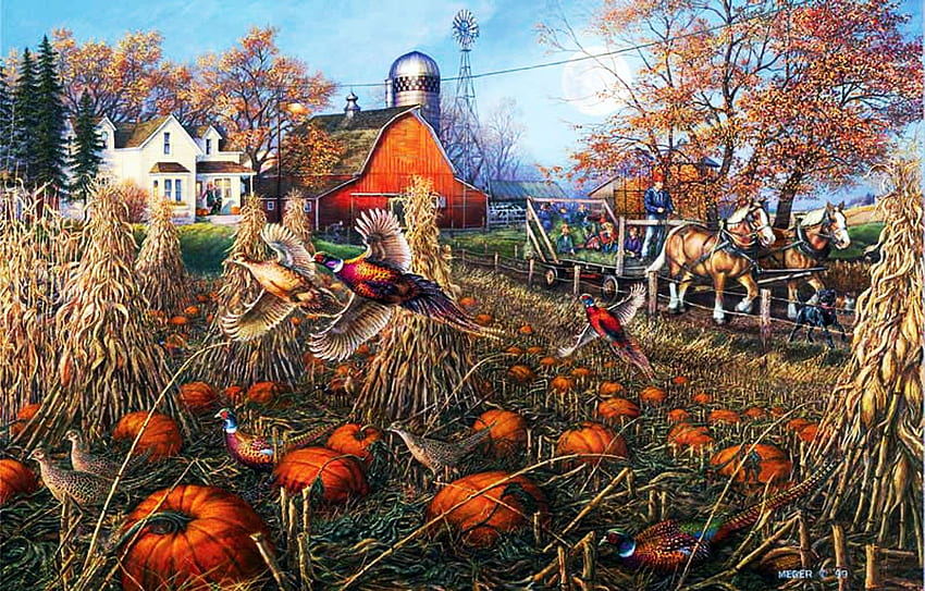 The Pumpkin Patch, artwork, pheasants, barn, horses, painting, trees, autumn, cart HD wallpaper