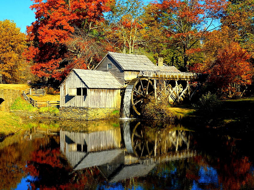 MILL, architecture, wheel, house, landscape, colors, peaceful, beauty, season, autumn, nature, splendor HD wallpaper