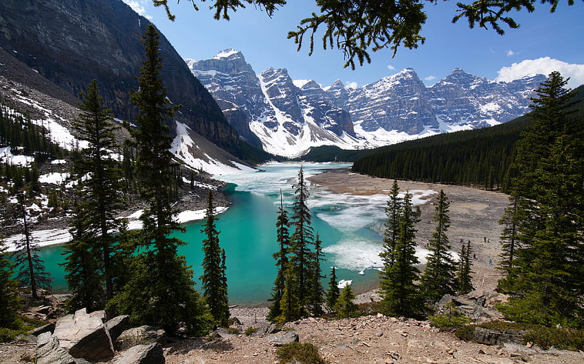 Moraine Gölü, dağ gölü, buzul gölü, On Tepeler Vadisi, dağ manzarası, Alberta, Banff Ulusal Parkı, Kanada HD duvar kağıdı