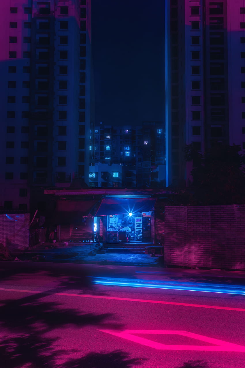 Nacht, Stadt, Gebäude, Dunkel, Glanz, Licht, Neon, Straße HD-Handy-Hintergrundbild