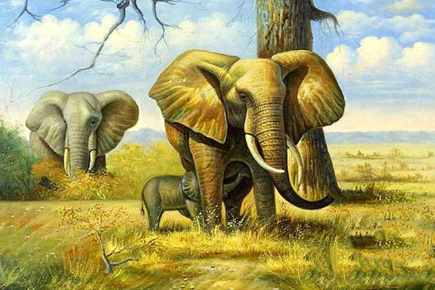Elefante pintura, pintura, animais, familly, selvagem, Elefante papel de parede HD