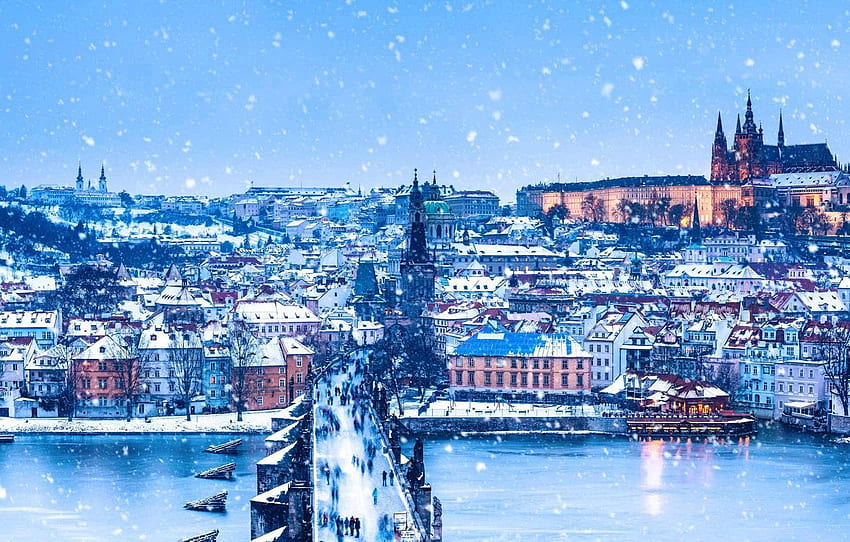 winter, river, Prague, Czech Republic, Christmas HD wallpaper