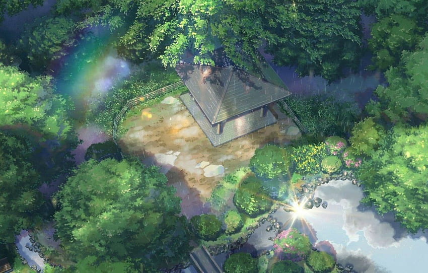 หลังคา ต้นไม้ บ่อน้ำ สวนสาธารณะ หิน ฝน รั้ว สายรุ้ง ศาลา Kotonoha no Niwa Garden of fine words The Garden of Words Makoto Shinkai for , มาตรา арт วอลล์เปเปอร์ HD