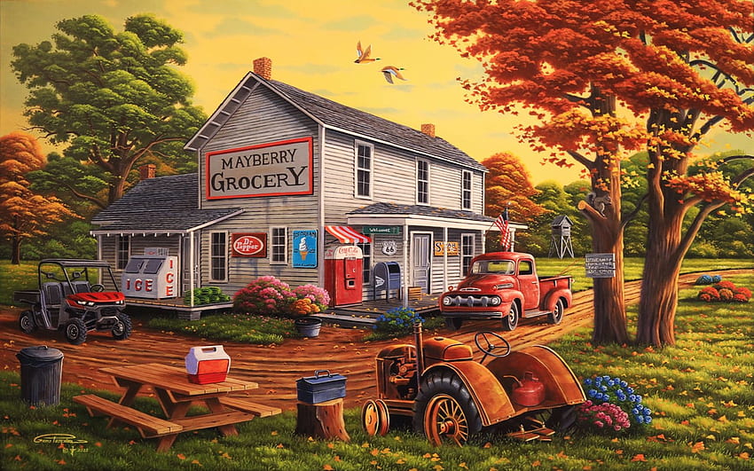 Mayberry Grocery งานศิลปะ วาด บ้าน รถยนต์ ต้นไม้ รถแทรกเตอร์ วินเทจ วอลล์เปเปอร์ HD