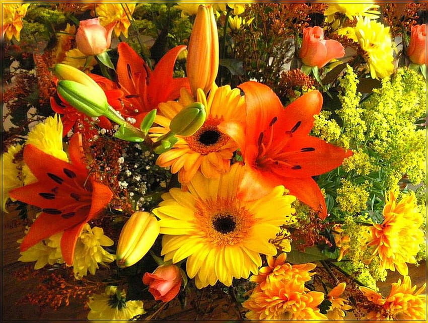 사랑스러운 꽃다발, 꽃다발, 자연, 꽃, 튤립, 백합, 거베라 HD 월페이퍼