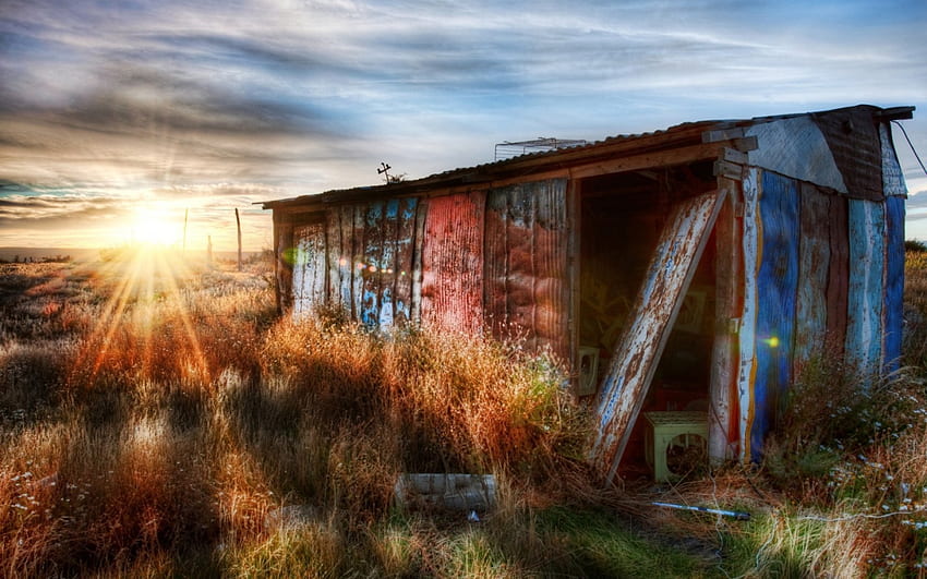 日の出 r、雑草、放棄されたブリキの小屋、r、小屋、草、日の出 高画質の壁紙