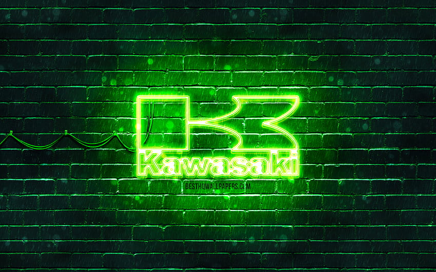 Зелено лого на Kawasaki, зелена тухлена стена, лого на Kawasaki, марки мотоциклети, неоново лого на Kawasaki, Kawasaki HD тапет