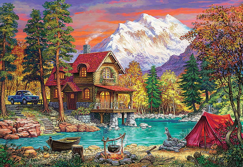 Dom w lesie, namiot, szop pracz, góry, zachód słońca, kamienie, łódź, rzeka, grafika, , drzewa, ognisko Tapeta HD