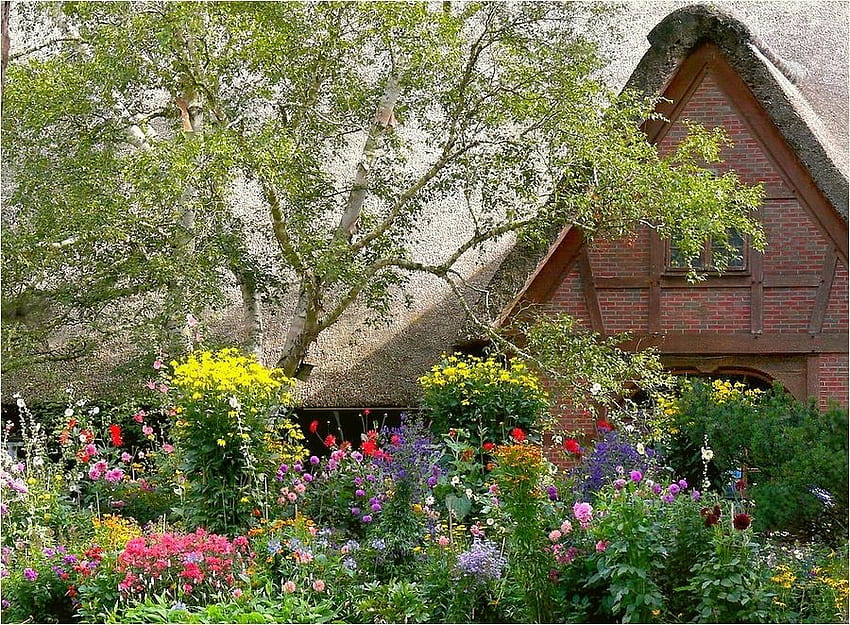 Flowers Garden Cottage, art, jardin, couleurs, beau, fleurs, chalet, arbre Fond d'écran HD