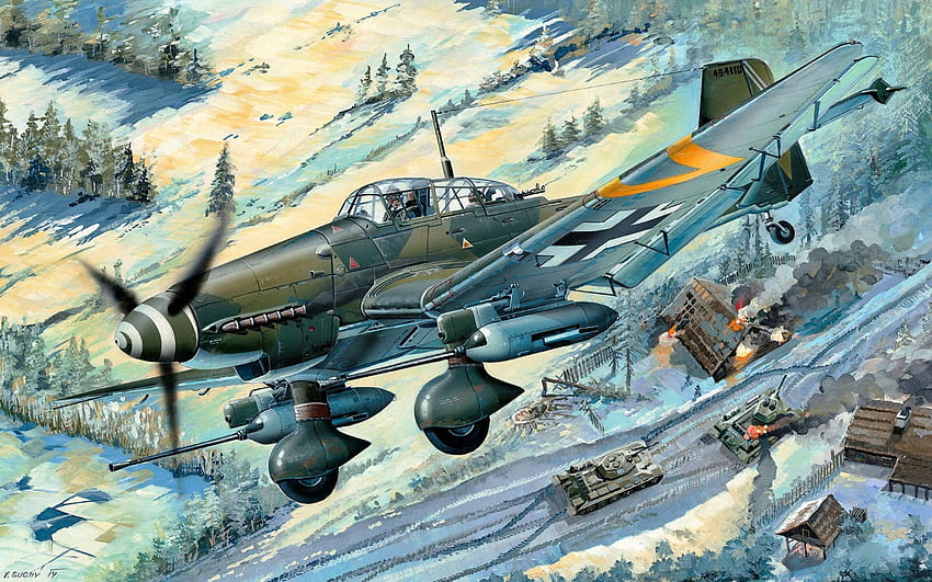 Junkers Ju 87, Stuka, Sturzkampfflugzeug, niemiecki bombowiec nurkujący, Luftwaffe, samoloty wojskowe, II wojna światowa, samolot szturmowy, Ju87G 2, Kanonenvogel For With Resolution . Wysoka jakość Tapeta HD