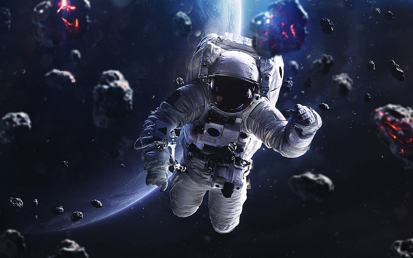 Espacio, astronauta, asteroides, arte. fondo de pantalla