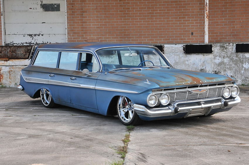 1961-Chevy-Nomad-Chevrolet-Wagon, Bowtie, 푸르스름한, 클래식, 러스트 HD 월페이퍼