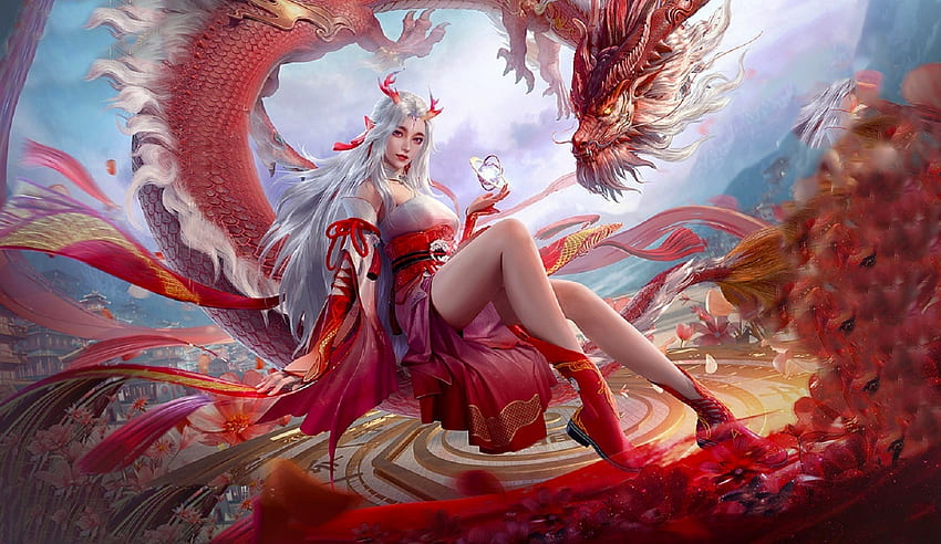 Dragon Lady, arte, fantasia, rosso, drago, ragazza, donna, bella, digitale, lamamake Sfondo HD
